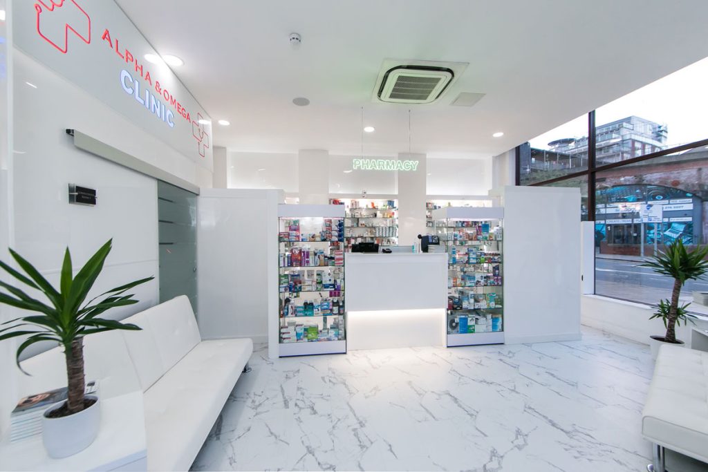 Alpha & Omega pharmacy and clinic interior reception area