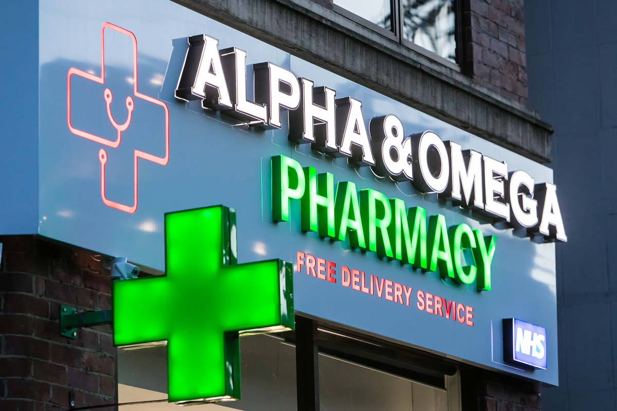 Pharmacy counter at Alpha & Omega NHS Pharmacy in Leeds