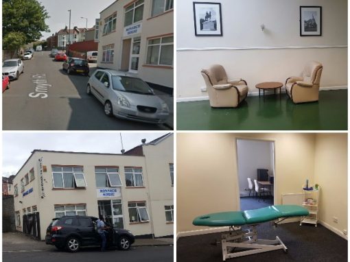Composite of Monarch House street exterior on Smyth Road plus waiting and treatment rooms