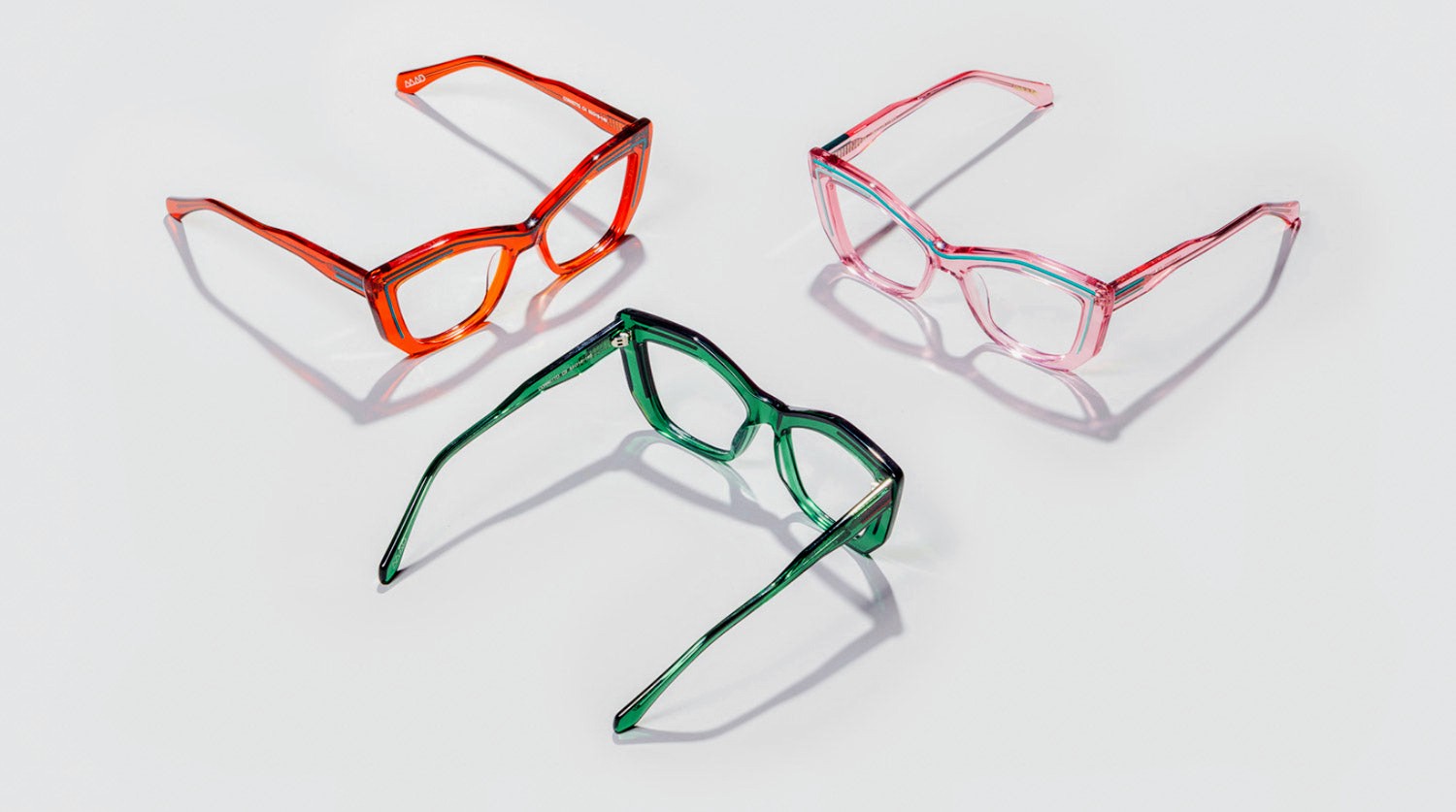 Trio of colourful acetate spectacle frames stocked by Bramley Pope