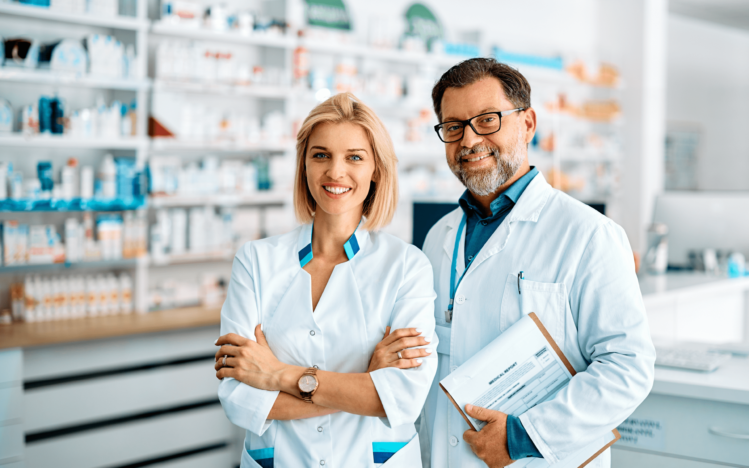 Hero banner image — generic stock photo of two pharmacists (not the actual staff)
