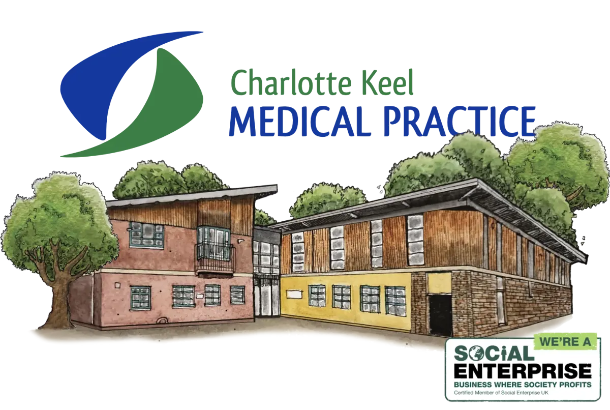 Watercolour illustration of the practice building with logo and Social Enterprise badge (contact page)
