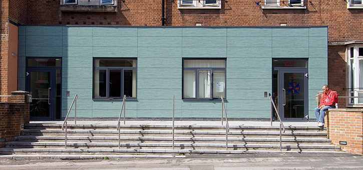 Front door / entrance of the Homeless Health Service at the Compass Centre