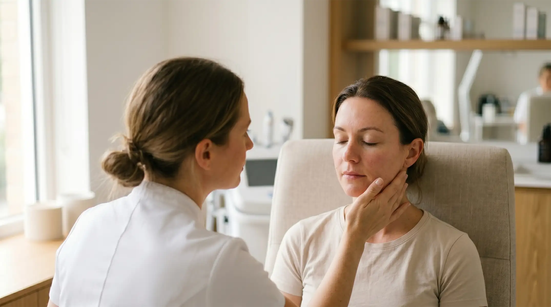 a skin specialist treating a client at her clinic