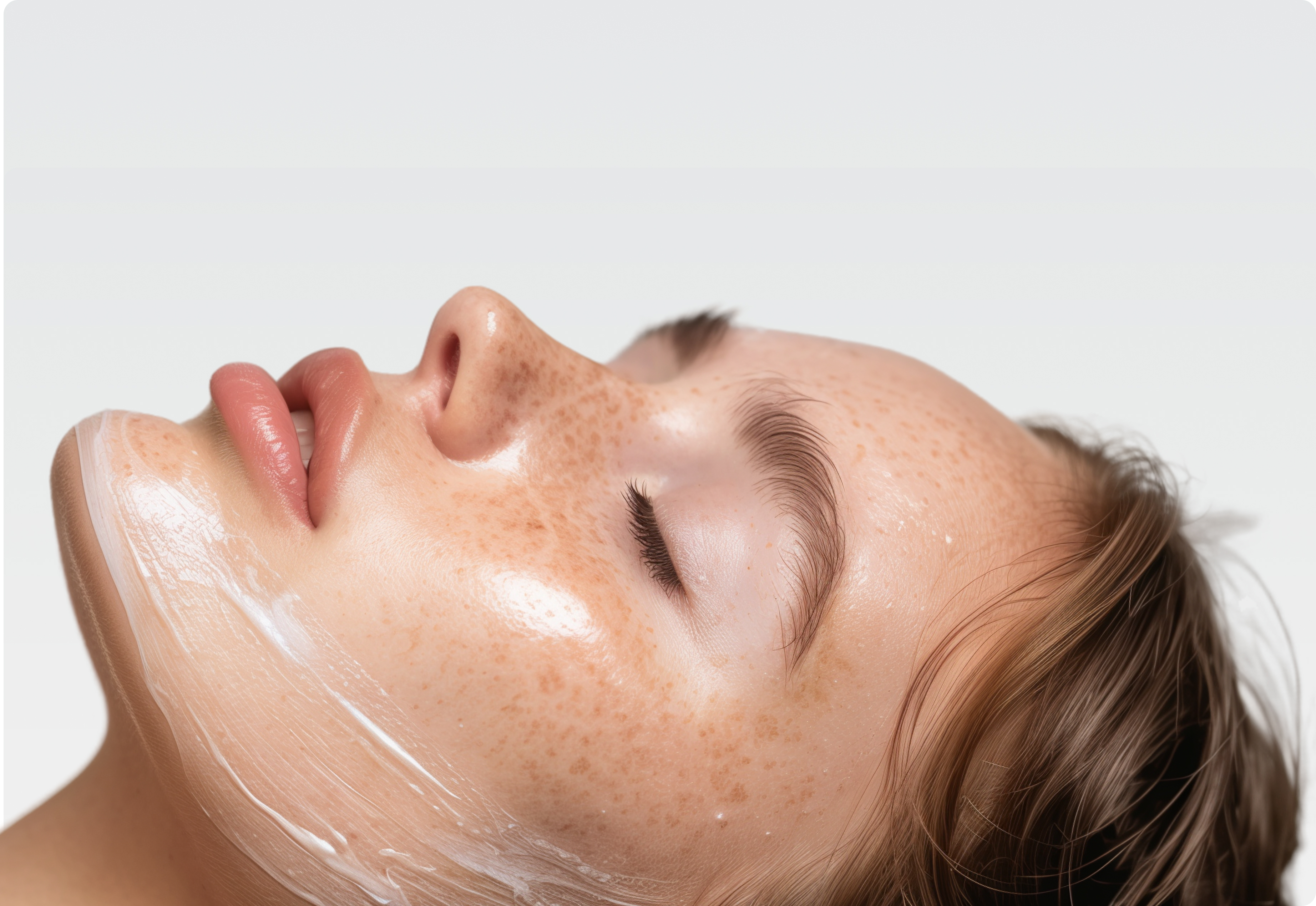 A close-up of a woman's face as they are receiving a facial treatment