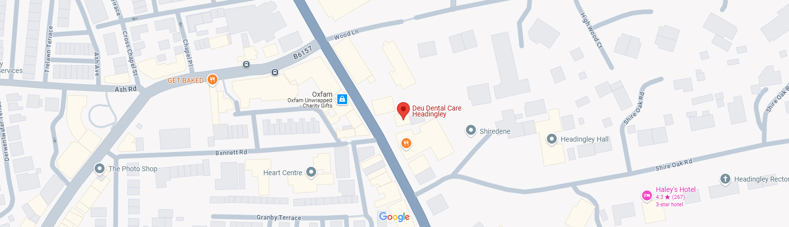 Deu Dental Care location map showing clinic in Headingley, Leeds