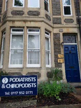 Exterior of the Gloucester Road, Horfield surgery with Podiatrists & Chiropodists sign and Tel: 0117 952 0771