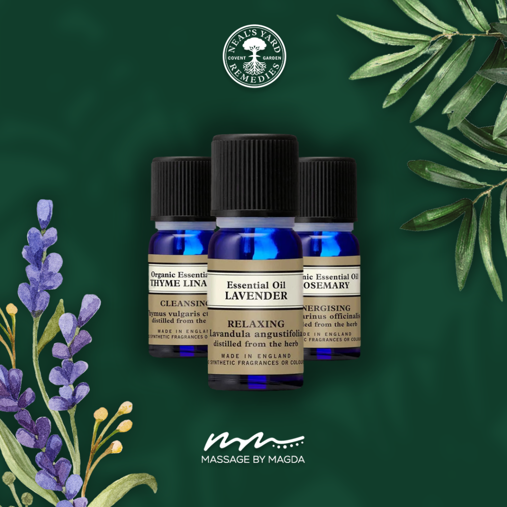 Essential oils and aromatherapy treatment products used at Massage by Magda