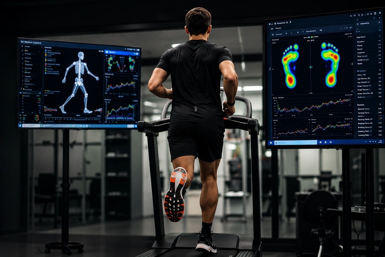 Runner on treadmill undergoing 3D motion capture and plantar pressure gait analysis
