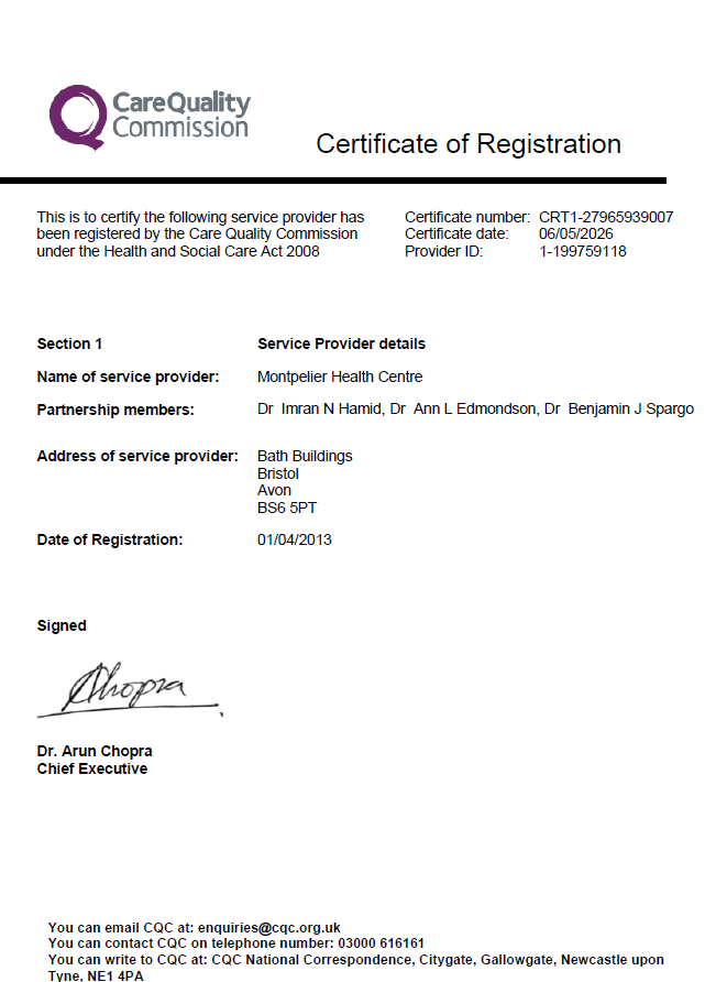 Open Graph image used by the site — Montpelier Health Centre CQC registration certificate graphic (May 2026)