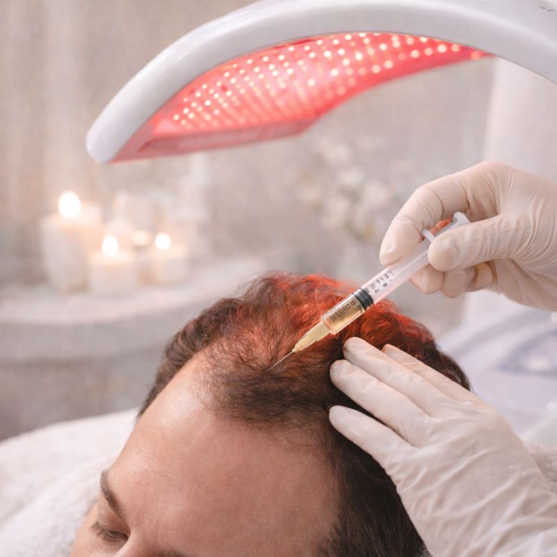 Hair restoration injection under an LED red-light device