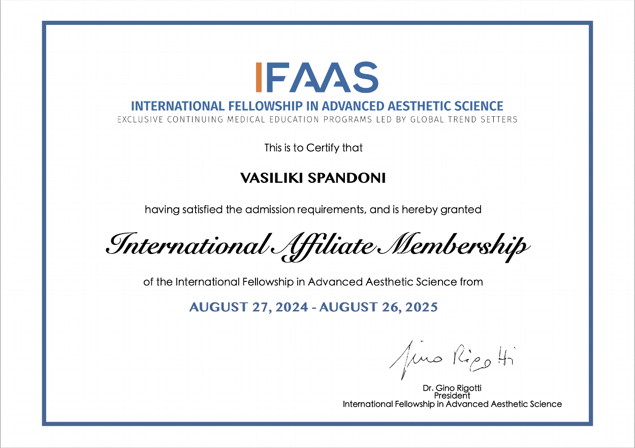 IFAAS certificate — International Affiliate Membership granted to Vasiliki Spandoni (2024-2025)