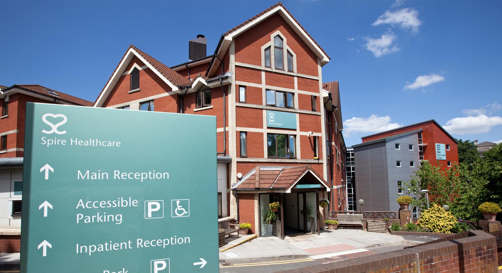 Spire Bristol Hospital (The Glen) building exterior with Spire Healthcare reception signage