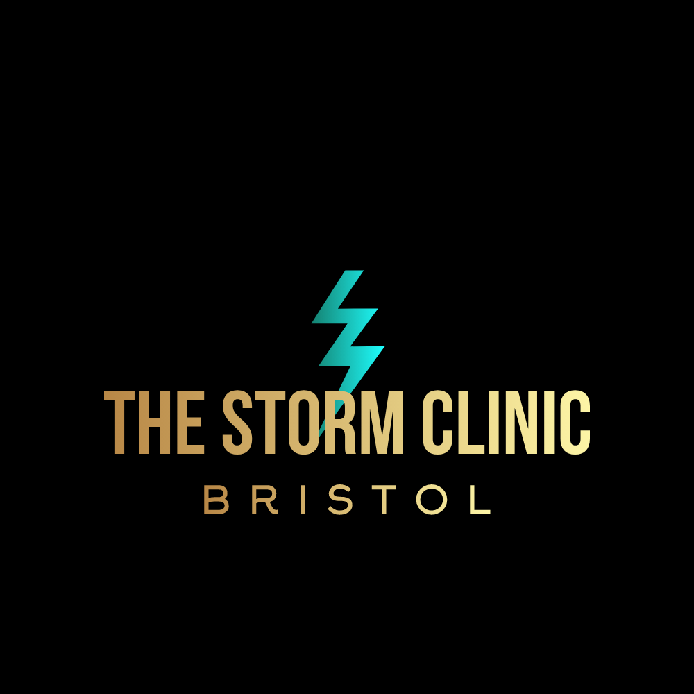 The Storm Clinic Bristol social-share image (gold 'THE STORM CLINIC / BRISTOL' wordmark with teal lightning bolt on black)