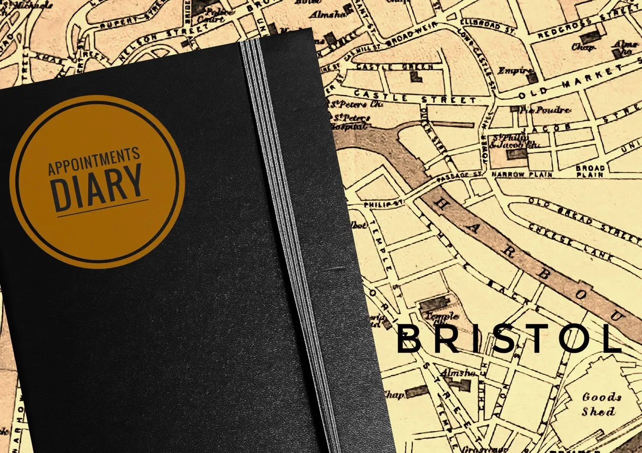 Appointments diary resting on an antique map of Bristol