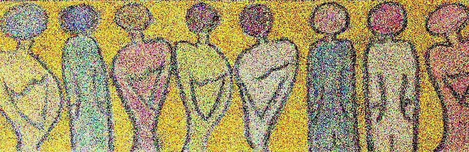 Pointillist artwork of standing figures, banner image