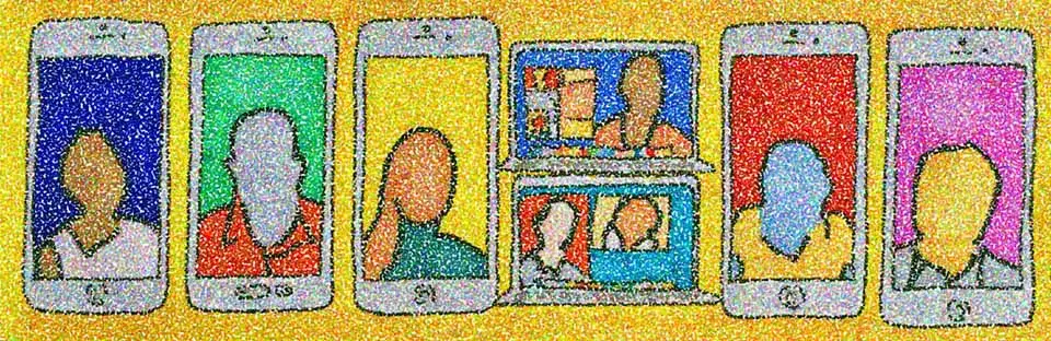 Illustration of people on smartphones / video calls, representing online therapy